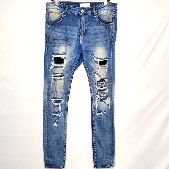 Lifted Anchors Distressed Faded Jeans Size 32 Destroyed Patched Denim Men Grunge - Picture 1 of 13